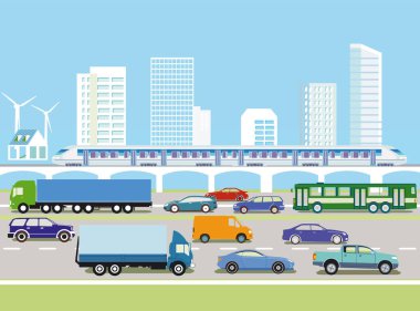 Trafiği ve illüstrasyonu olan bir şehrin silüeti