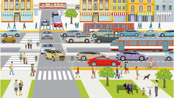 Stadtsilhouette Und Straßenverkehr Mit Menschen Illustration — Stockvektor