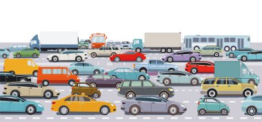 Trafik sıkışıklığı illüstrasyonunda yol kavşağında bir sürü araba ve kamyon var.