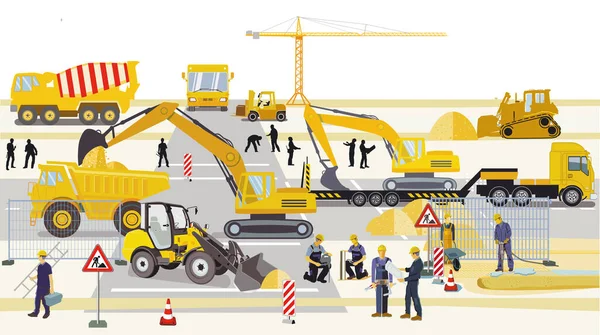 Road Construction Excavator Bulldozer Earthworks Illustration — Stock Vector