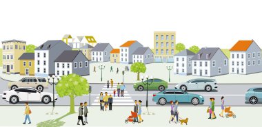 Banliyöde ve yol trafiği illüstrasyonunda aileyle boş zaman geçirmek