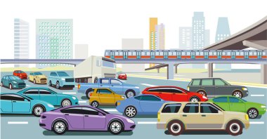 Karayolu illüstrasyonunda yolcu vagonları ve kamyonlar