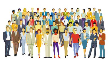 Beyaz arka planda büyük bir grup insan bir arada. Resimler beyaz arkaplanda izole edildi