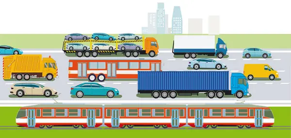 Passenger Cars Trucks Highway Illustration — Stock Vector