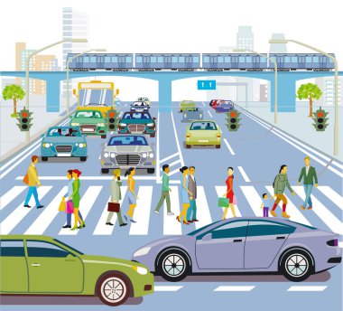 Trafik illüstrasyonlu şehir silueti