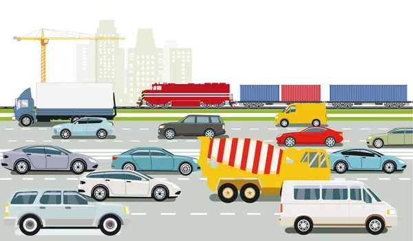 Passenger Cars Trucks Highway Freight Train Illustration — Stock Vector