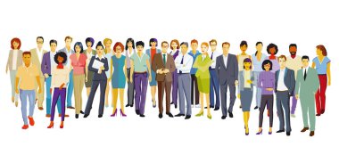 Beyaz arka planda izole edilmiş geniş bir grup insan. resimleme