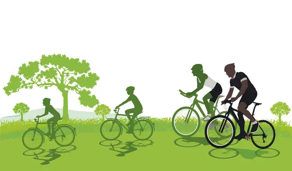 Ποδηλασία Την Οικογένεια Στη Φύση — Διανυσματικό Αρχείο