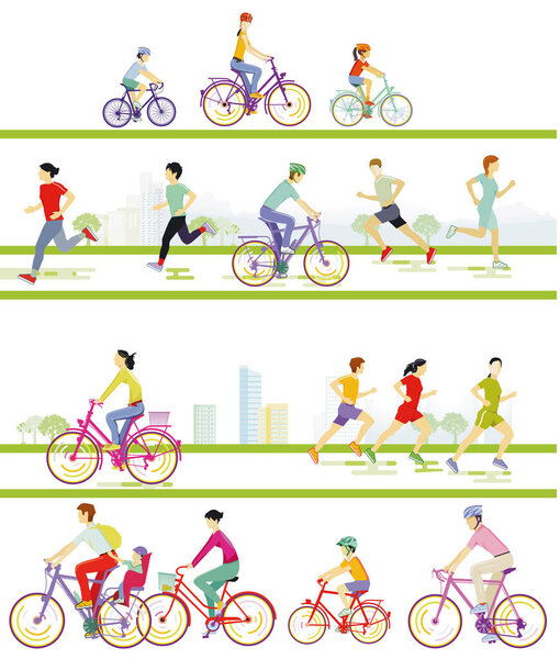 Cycling with family in nature and athletes in leisure time illustration