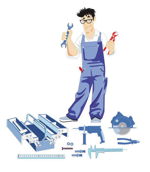 a handyman doing his own work, comic illustration