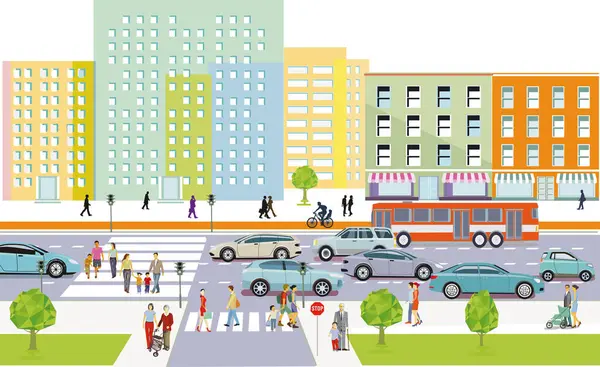 City Silhouette City Traffic Persons Illustration — Διανυσματικό Αρχείο