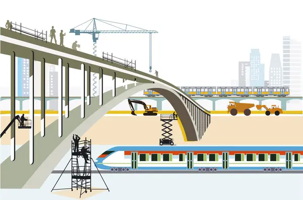 Transporte Ferroviário Construção Pontes Grande Cidade Com Trânsito Rápido — Vetor de Stock