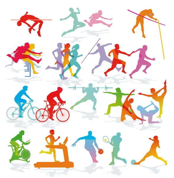 Conjunto Desportistas Ginastas Atletas Atletismo Corredores Futebolistas Ciclistas Ilustração —  Vetores de Stock