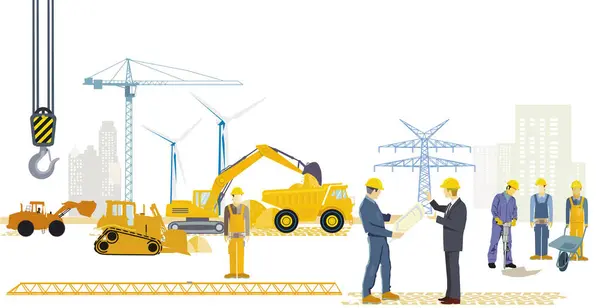 Construction Workers Line Construction Site Illustration — Stock Vector
