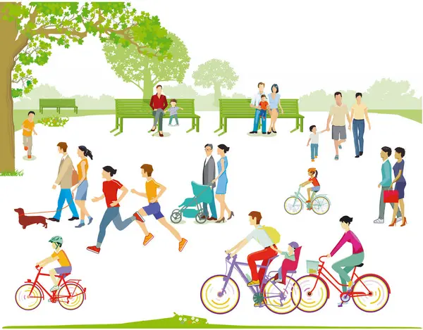 Grupper Människor Parken Med Familjer Föräldrar Och Barn Illustration — Stock vektor