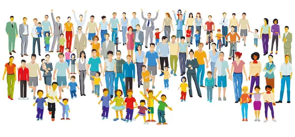 Very Large Group Parents Children Isolated Illustration — Stock Vector