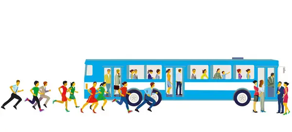 Városi Busz Megállás Siet Utasok Illusztráció — Stock Vector
