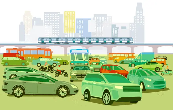 City Silhouette City Traffic Jam Illustration — Stock Vector