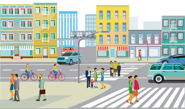 Silhouette Une Ville Avec Trafic Personnes Illustration — Image vectorielle