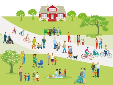 Parkta aileleri, aileleri ve çocukları olan bir grup insan.