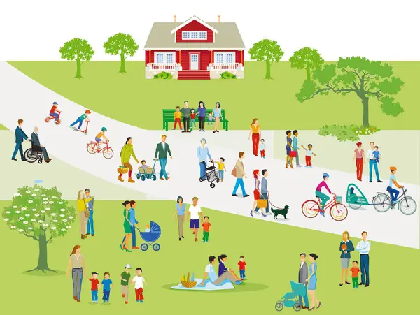 Groepen Mensen Het Park Met Families Ouders Kinderen Illustratie — Stockvector