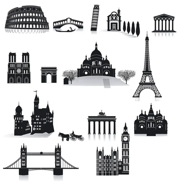 Europe Landmarks Travel Destinations Isolated Illustration — Stock Vector
