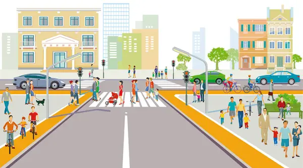 Stadtsilhouette Einer Stadt Mit Verkehr Und Personen Illustration — Stockvektor