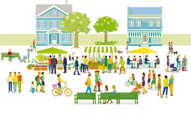 Şehir silueti, yerleşim bölgesinde boş zamanı olan insanlarla dolu, illüstrasyon