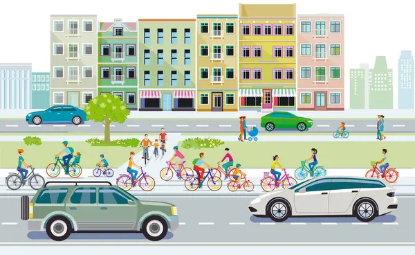 Group Cyclists Car Traffic City Illustration — Stock vektor