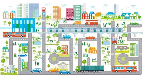 City Overview Traffic Houses Information Illustration — Stock Vector