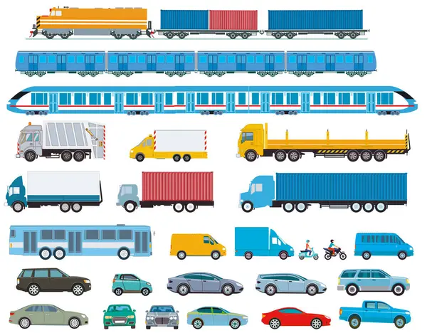 Collection Trucks Cars Trains Buses Vans Cut Out Isolated Illustration — Stock Vector