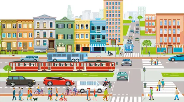 Stadssilhouet Van Een Stad Met Openbaar Vervoer Mensen Illustratie — Stockvector