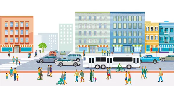 Città Sagoma Una Città Con Traffico Persone Illustrazione — Vettoriale Stock