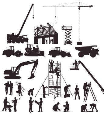 İnşaat şantiyesindeki inşaat işçileri, inşaat makineleri, çizimler...