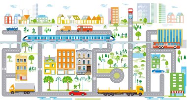 Trafik ve evler ile şehir genel görünümü, bilgi illüstrasyonu