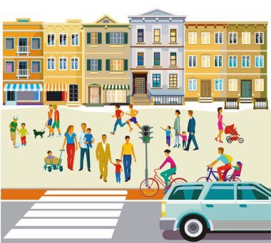 Şehir silueti, yerleşim bölgesinde boş zamanı olan insanlarla dolu, illüstrasyon