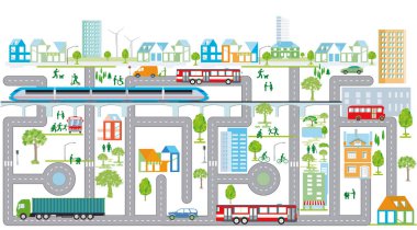 Trafik ve evler ile şehir genel görünümü, bilgi illüstrasyonu
