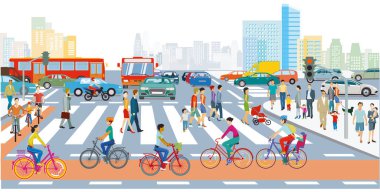 Trafik sıkışıklığı illüstrasyonlu büyük bir şehrin silüeti