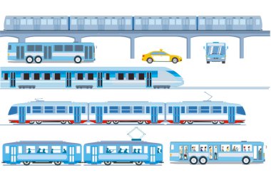 Demiryolu trafiği, yükseltilmiş demiryolu, ekspres tren, tramvay ve otobüs, kesme illüstrasyon