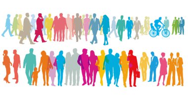 Beyaz arka planda izole edilmiş, büyük renkli bir insan grubu.