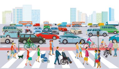 Trafik sıkışıklığı illüstrasyonlu büyük bir şehrin silüeti