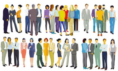 Beyaz zemin üzerinde iki büyük insan grubu, resimleme izole