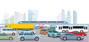 Şehir silueti trafik sıkışıklığı içinde, illüstrasyon