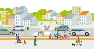 Banliyöde ve yol trafiği illüstrasyonunda aileyle boş zaman geçirmek