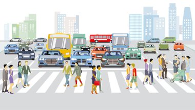 Bir sürü arabalı yol trafiği ve zebra geçidindeki insanlar, illüstrasyon