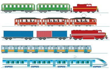 Yolcu trenleri, metro, yüksek hızlı trenler, tramvay, yük treni - illüstrasyon