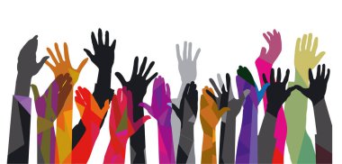 Beyaz bir arka planda izole edilmiş bir grup insan ellerini kaldırıyor. resimleme