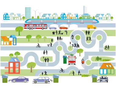 Trafik ve evlerle ilgili şehir genel bakış, bilgi illüstrasyonları-