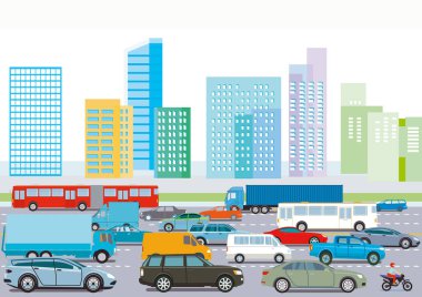 Yolcu vagonları ve kamyonlar otoyolda, illüstrasyon