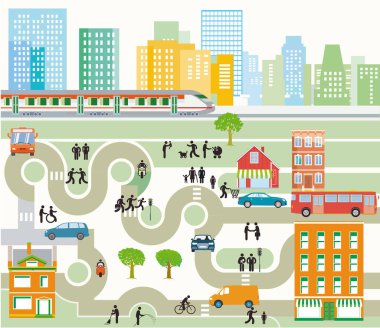 Trafik ve evler ile şehir genel görünümü, bilgi illüstrasyonu